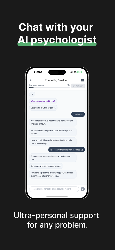 ingan.ai : AI psychologist - A mobile screen showing a chat-based counseling session with an AI psychologist addressing personal emotional topics.