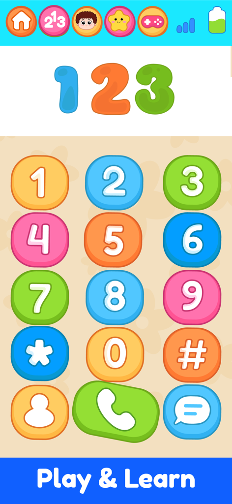 Baby Smart Phone Kids Game 1-5 - Interfaz de la aplicación Baby Smart Phone que muestra un teclado numérico colorido para que los niños aprendan los números