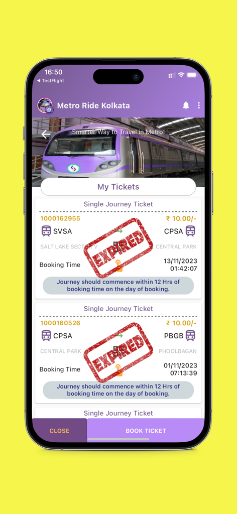 Aamar Kolkata Metro - Display of expired single journey digital tickets on the Aamar Kolkata Metro app interface