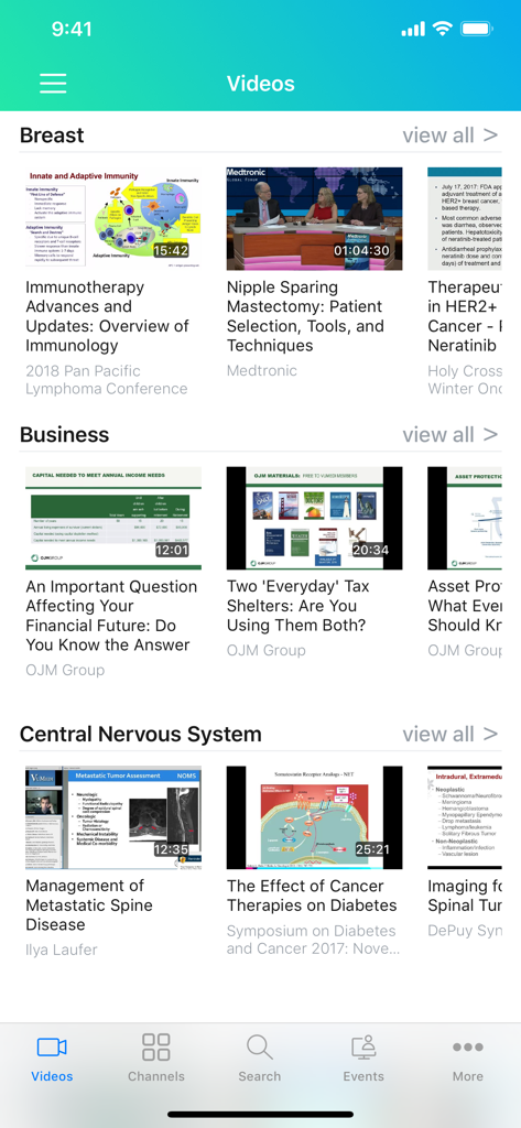 VuMedi mobile app interface showing medical education videos organized by categories like Breast and Central Nervous System