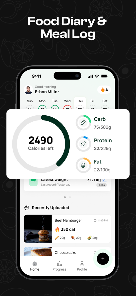 Dietfit AI app interface for food diary and meal log tracking calories and macros