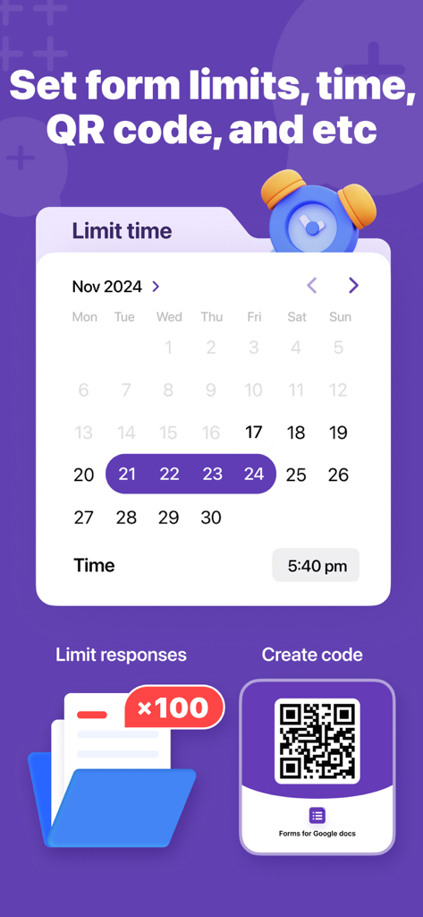 Forms for Google Docs - Interfaz de la aplicación de Google Forms que muestra opciones para establecer límites de tiempo de envío, límites de respuesta y generar un código QR personalizado