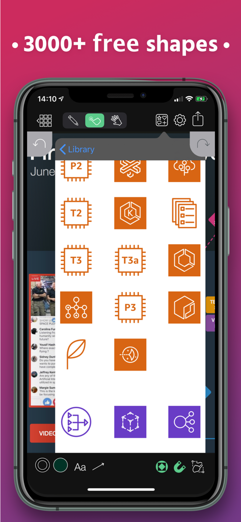 Grafio 4 - Diagram Maker - Grafio 4 App-Oberfläche, die eine Bibliothek von technischen Formen und Schablonen für professionelle Diagramme anzeigt.