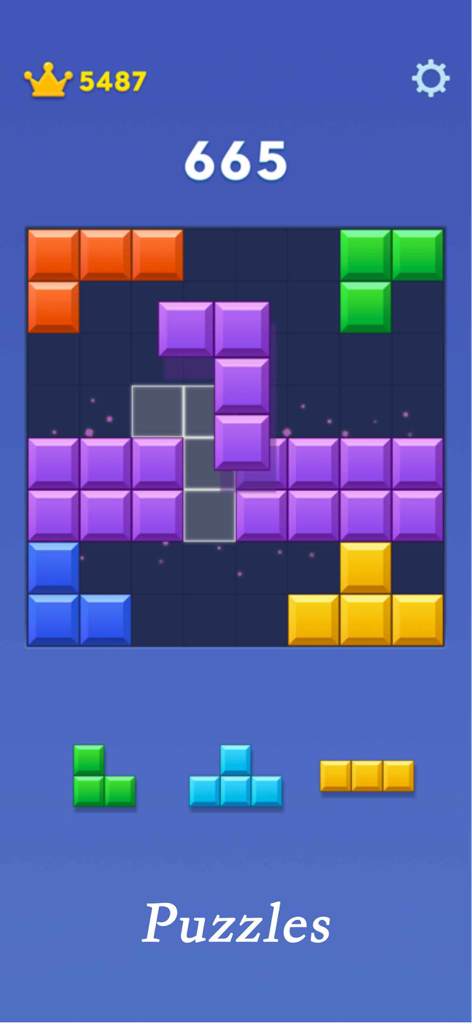 Écran de jeu de Block Blast Hot Puzzle Brain montrant des blocs colorés sur une grille