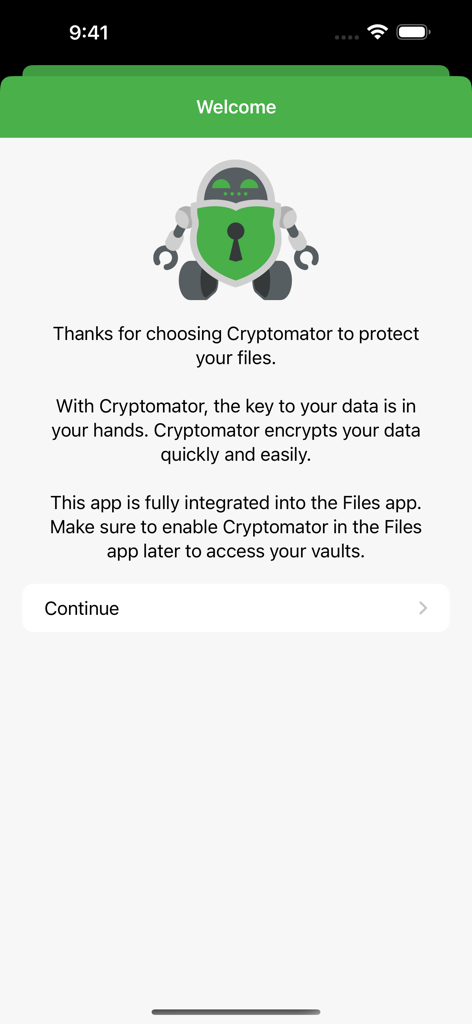 Cryptomator app welcome screen with robot mascot and description of secure file encryption and iOS Files app integration.