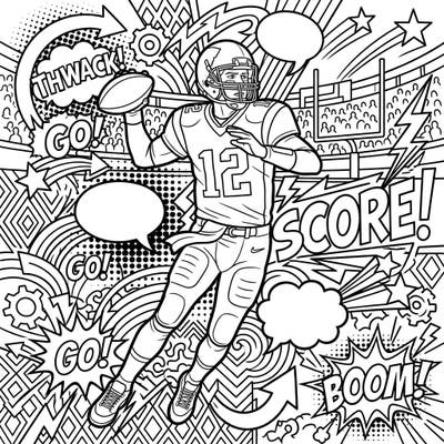 Dive into the thrilling world of football with this electrifying Pop Art Quarterback coloring page. Experience the energy of game day, brought to life with bold comic-book aesthetics and dynamic patterns.