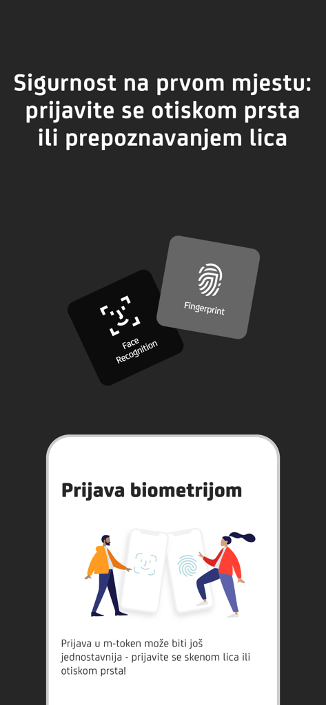Biometric login screen for m-zaba business banking featuring face recognition and fingerprint options.