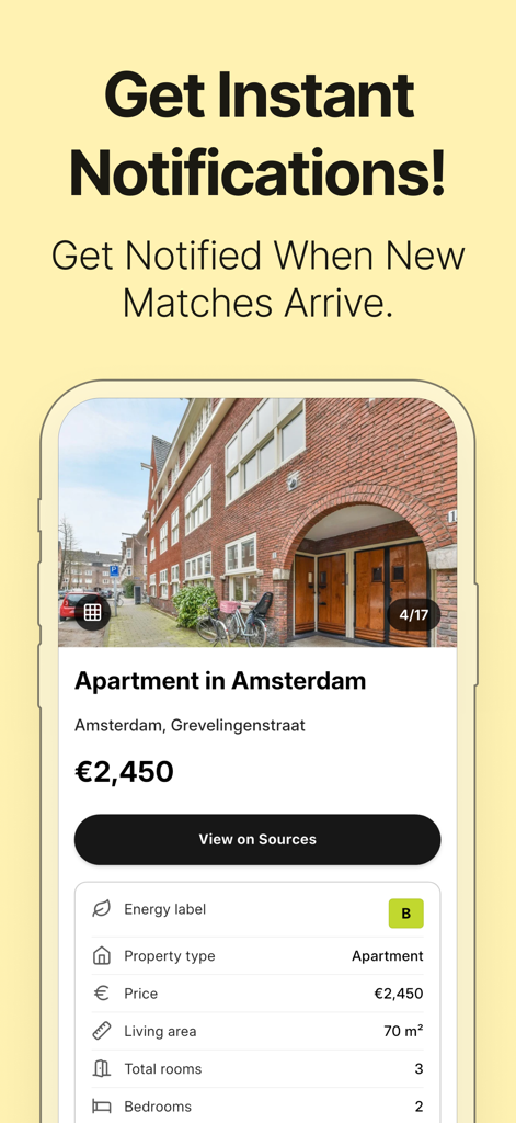 Huisly - Huisly app screenshot showing a property listing in Amsterdam with a heading for instant notifications on new matches.