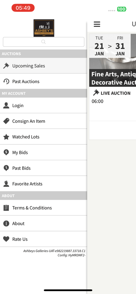 Ashbeys - The sidebar menu of the Ashbeys app displaying auction and account navigation items