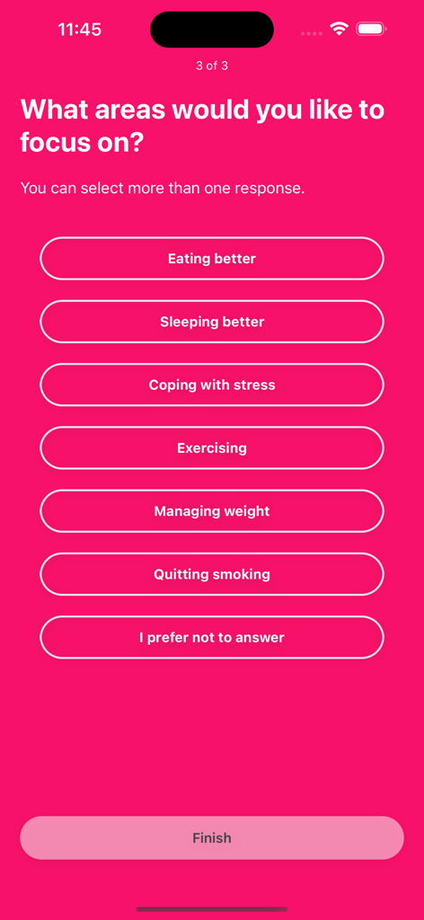 Écran de l'application mobile Vitality Africa demandant à l'utilisateur de sélectionner des domaines d'intérêt pour la santé tels que mieux manger et gérer son poids.
