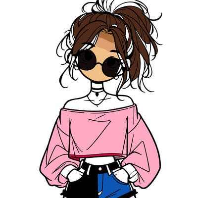 girl with a messy ponytail glasses a baggy crop top and jean shorts