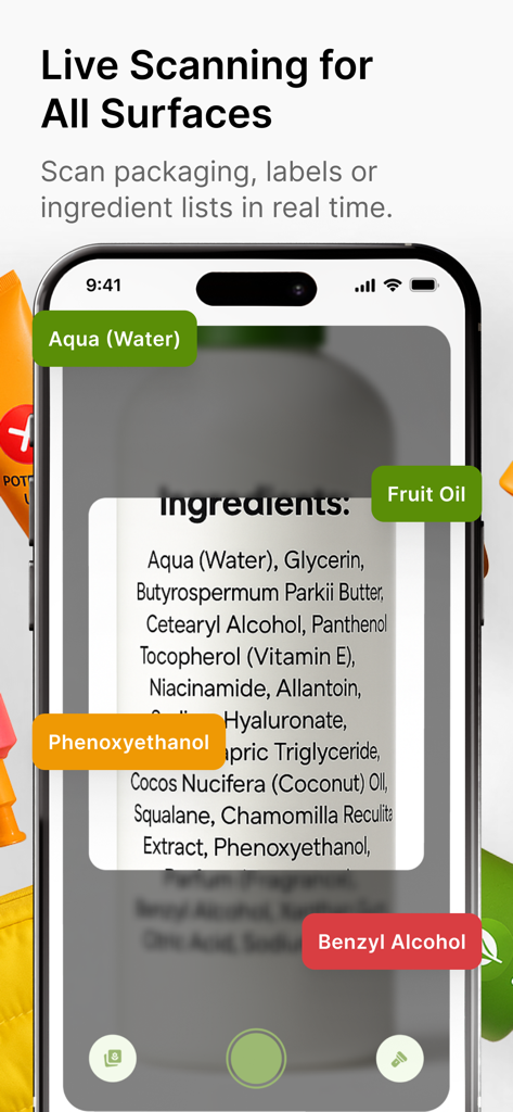 Smartphone app scanning a skincare product label to show live ingredient safety ratings
