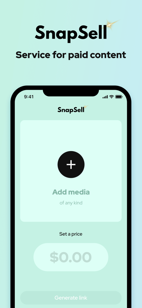 SnapSell app interface for adding media and setting a price to monetize digital content
