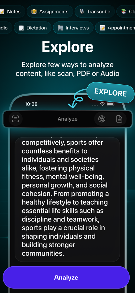AI Detector - Analyzer - Écran d'exploration de l'application AI Detector montrant les options d'analyse de texte et de numérisation de documents pour les fichiers PDF et audio.