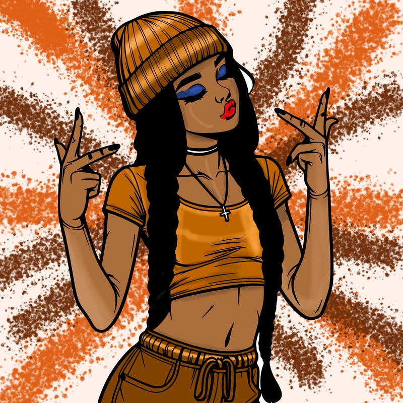 realistic teenage girl with braids and a beanie and crop top doing 🫶🏼