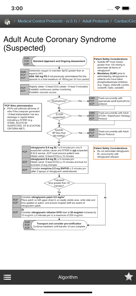 A medical protocol flowchart for suspected Adult Acute Coronary Syndrome in the AHS EMS app.