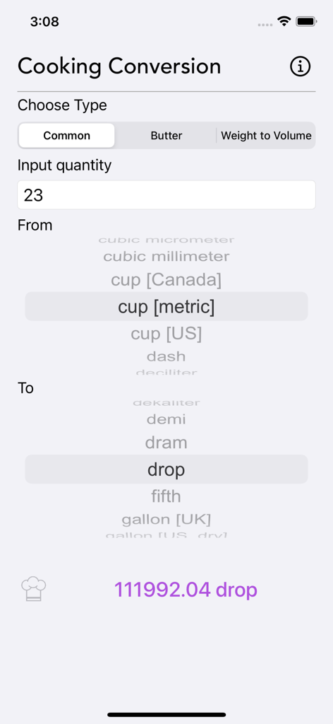 Cooking Conversion - A interface do aplicativo Conversão Culinária mostrando uma conversão de unidades comuns de xícaras para gotas