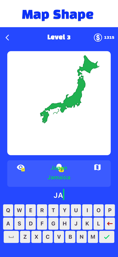 Schermata di gioco dell'app World Quiz che mostra un livello di identificazione della forma della mappa per il Giappone