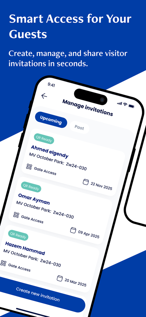 Mountain View Community - Schermata dello smartphone che mostra la gestione degli inviti degli ospiti nell'app Mountain View Community con stati di accesso QR per i visitatori.