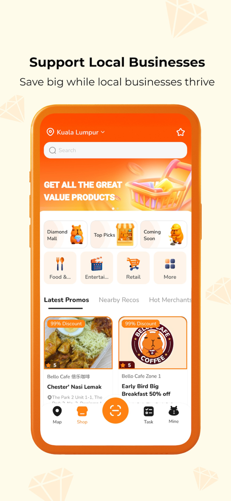 Bello app interface showing local business promotions and lifestyle reward categories.