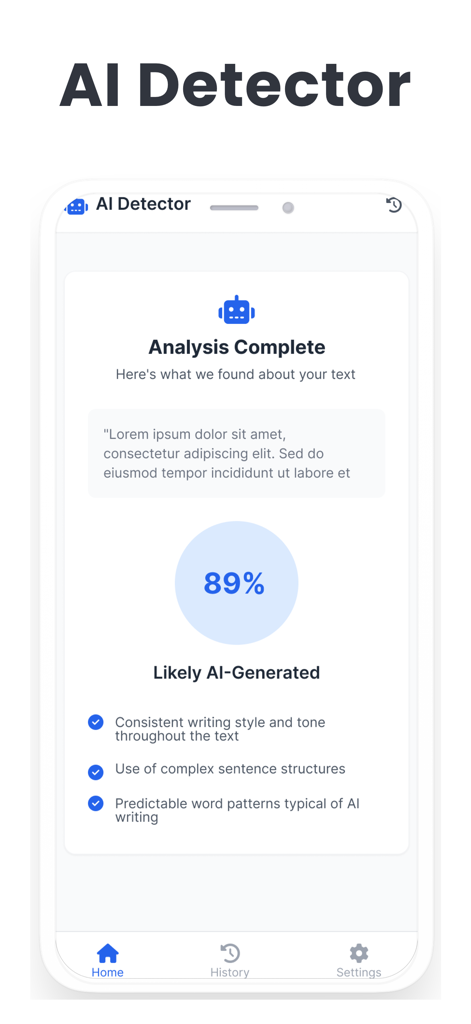 Humanize AI : AI Detector - AI Detector app interface showing a result of 89 percent likely AI-generated text.