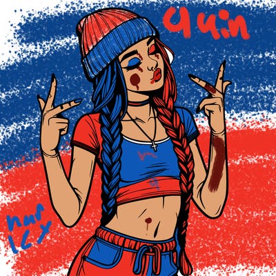 realistic teenage girl with braids and a beanie and crop top doing 🫶🏼