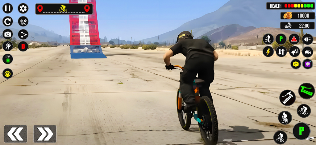 Un ciclista de BMX en una bicicleta dirigiéndose hacia una gran rampa de trucos en un juego de simulación 3D