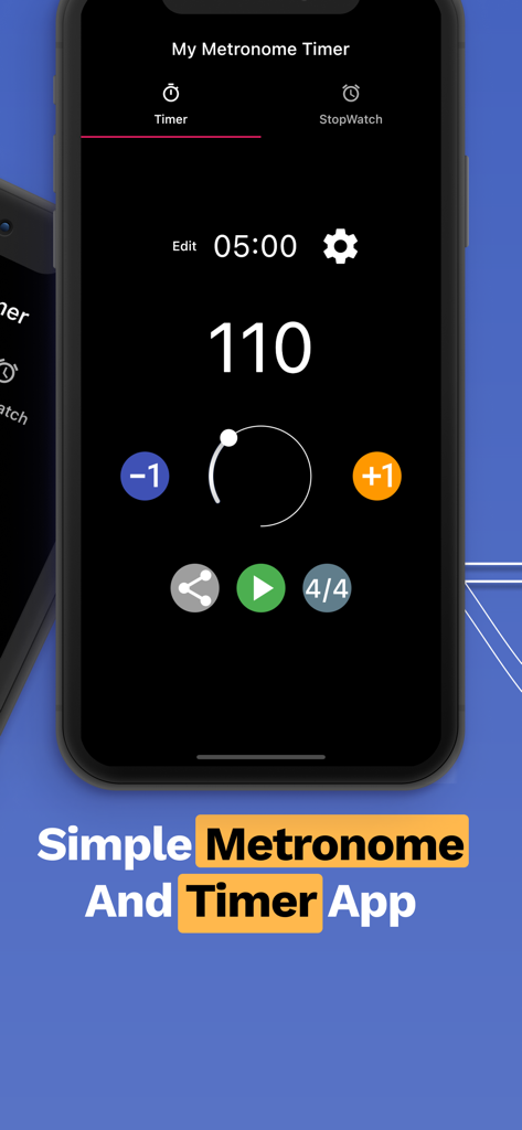 A simple metronome and timer app interface showing a 110 BPM tempo and a 5 minute countdown timer.