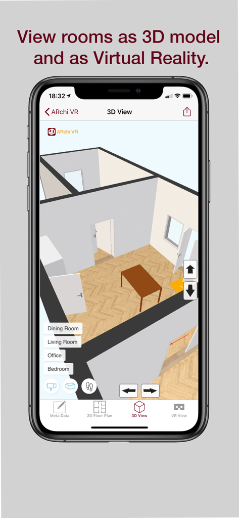 ARchi VR - Create & Browse AR - A 3D model visualization of a floor plan showing a dining room layout on a smartphone screen