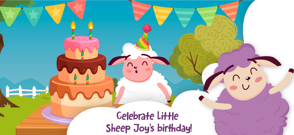 The Little Sheep Joy - Little Sheep Joy and a friend celebrating a birthday with a large tiered cake