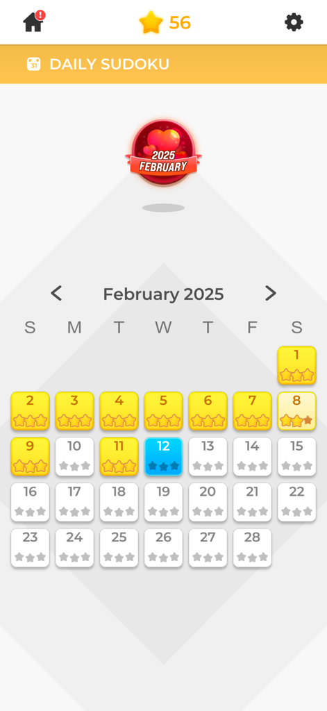 Daily Sudoku challenge calendar for February 2025 showing completed levels and progress stars