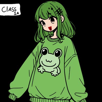 girl wearing frogging sweatshirt