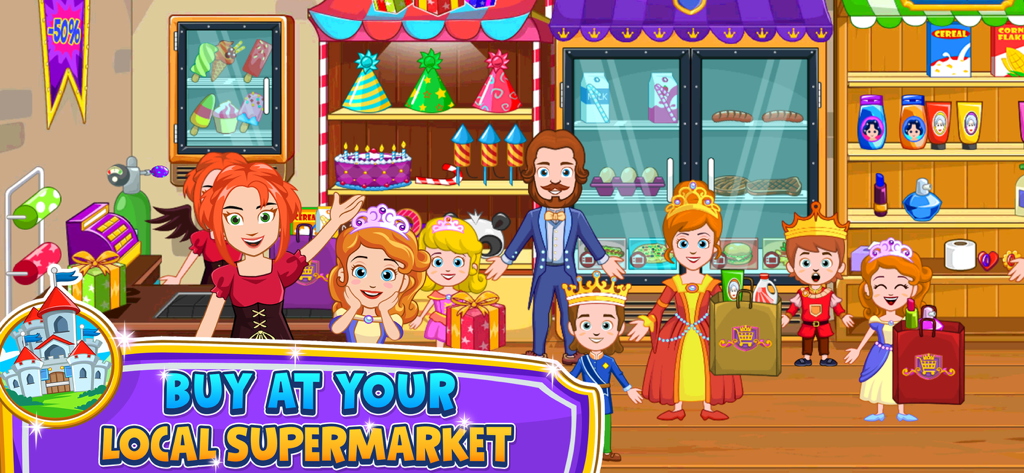 Princess characters and royal family shopping at a colorful supermarket in My Little Princess Stores Game