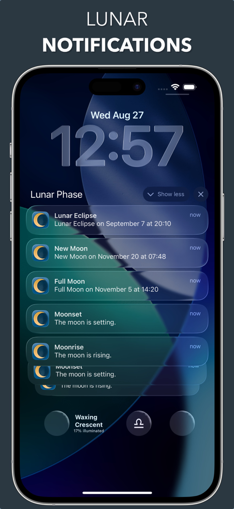 Lunar - Moon Phase & Widget - 天体イベントの通知と月相ウィジェットを表示するiPhoneのロック画面。