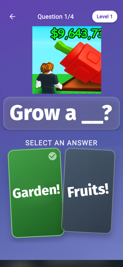 Screenshot of a trivia question in Robux Winner Quiz mobile app showing a multiple choice question about growing a garden.