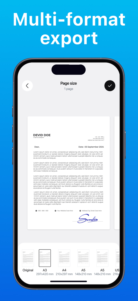 E-signature PDF: sign document - 署名済み書類のエクスポート用のページサイズ選択オプションを表示するモバイルインターフェース。