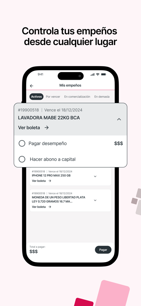 Interfaccia dell'app Mi Monte che mostra oggetti impegnati attivi come elettronica ed elettrodomestici con opzioni di pagamento.