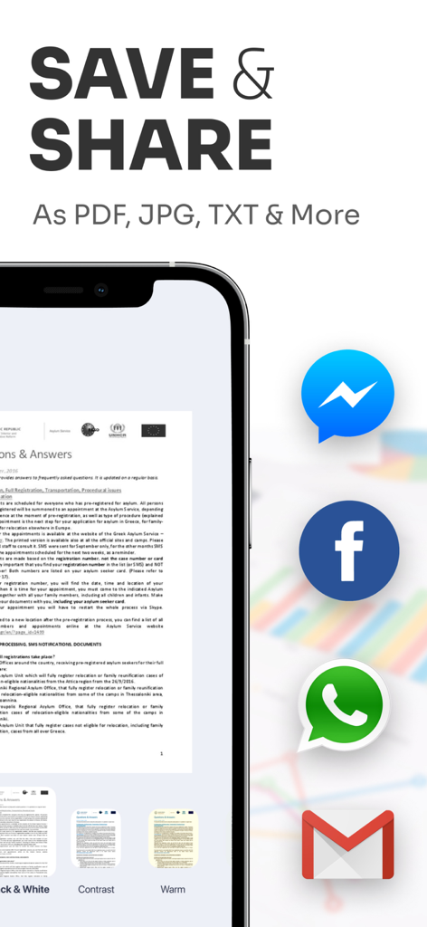 PDF Scanner, Editor, Converter - Interface of the PDF Scanner app showing document export options to PDF JPG and TXT formats with share icons for Messenger Facebook and WhatsApp