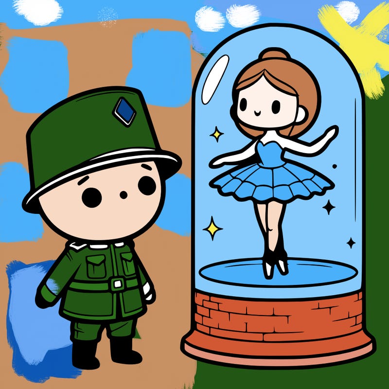 picture a cute chibi tin soldier gazing up in awe at a chibi ballerina inside a glass dome. the scene is in black and white, designed to be easy and playful for coloring, with a simple, flat chibi style that children will enjoy. the tin soldier is standing upright with his arms at his sides, while the ballerina gracefully dances on her toes inside the dome. let kids use their imagination to bring this charming scene to life with their favorite colors