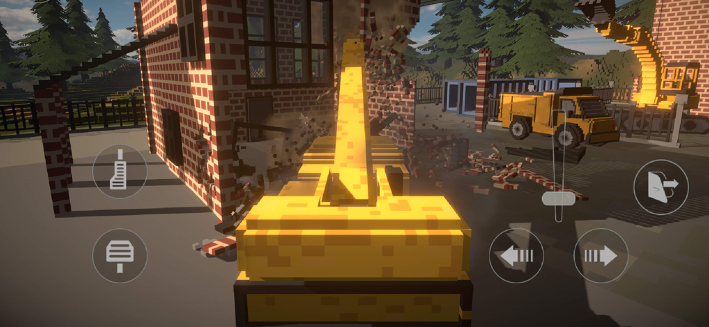 Voxel Destruction Sandbox - A construction vehicle destroying a voxel brick building in a physics-based sandbox game.