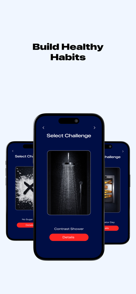 コントラストシャワーや砂糖なしなどの毎日の習慣チャレンジを表示する男性の健康アプリインターフェース。