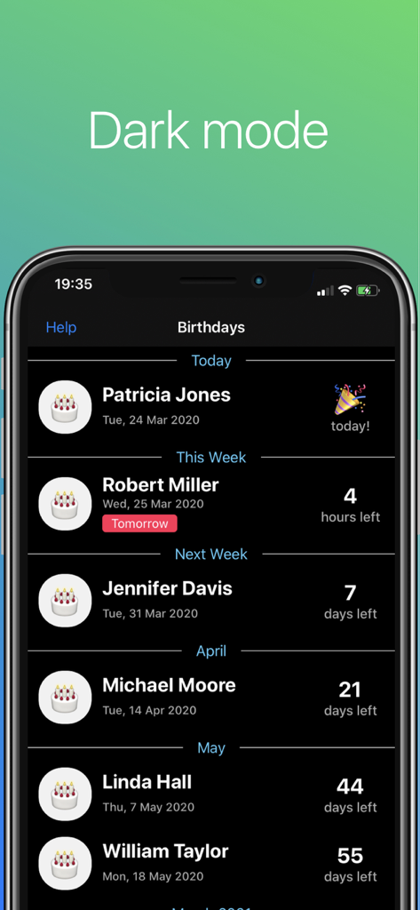 Birthday Countdown app screen displaying upcoming birthdays in dark mode with countdown timers