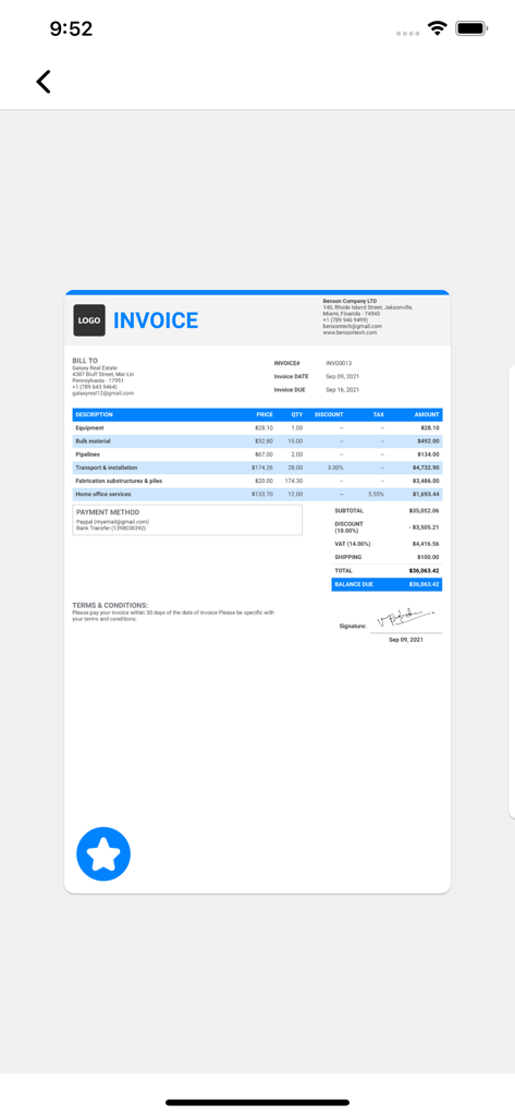 Easy Invoice & Estimate Maker - A professional invoice template showing itemized services, taxes, and a digital signature