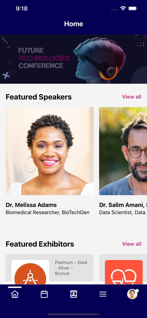 Tela inicial do aplicativo Cvent Events mostrando palestrantes e expositores em destaque para uma conferência de tecnologia