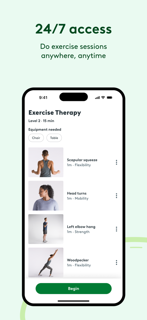 Hinge Health mobile app screen displaying a list of exercise therapy sessions for mobility and flexibility