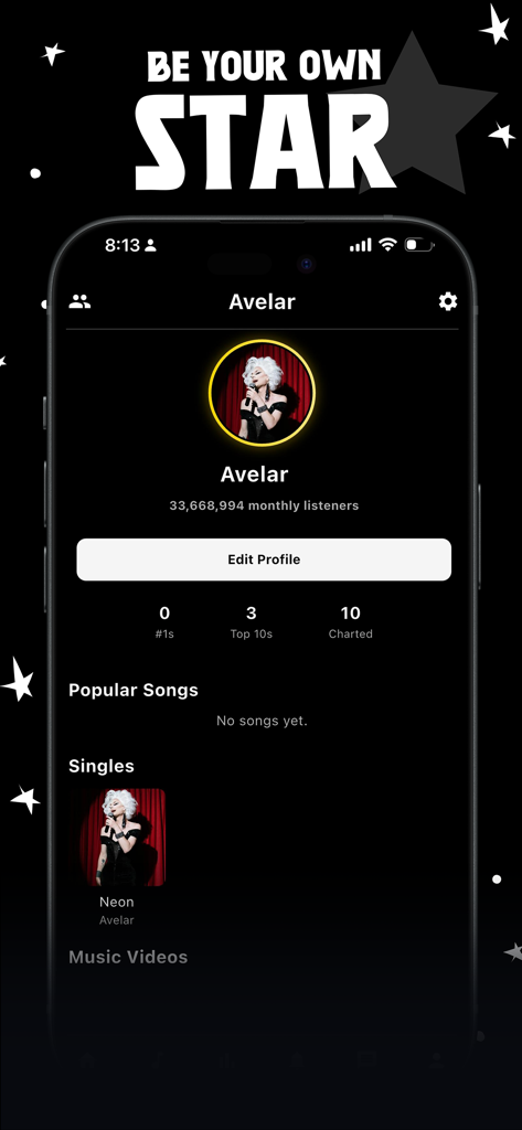 Pantalla del perfil del artista de la aplicación BeStar con estadísticas de oyentes mensuales y canciones en las listas