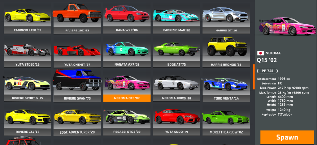 DriveCSX Car Crash Simulator - The car selection menu in DriveCSX Car Crash Simulator displaying a grid of different vehicles and detailed technical specs for the selected sports car