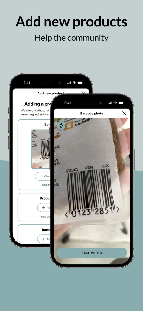 Gluten Free Scanner - Mobile app interface showing a barcode being scanned to add a new product to the community database