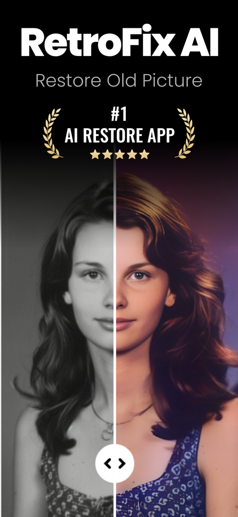 RetroFix AI: Restore Old Photo - RetroFix AI app interface showing a before and after comparison of a restored and colorized portrait