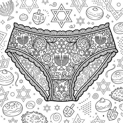 Dive into the spirit of Hanukkah with this beautifully intricate coloring page featuring a unique design of lace briefs. Adorned with traditional symbols like menorahs and Stars of David, it promises a creative and festive coloring adventure.